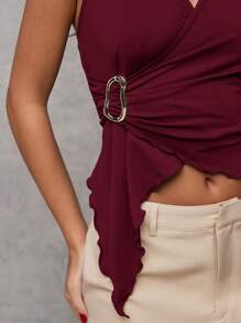 SHEIN BAE Donna Estate Casual Colore Solido Fibbia Metallica Arricciato in Vita Orlo Asimmetrico Nodo Davanti Senza Maniche Collo Alla Halter Top, Confezione Multipla, San Valentino, Regalo di San Valentino per Donna - Bordò - Visualizzare 5