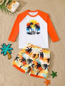 2 件套男童泳裤、热带印花插肩袖上衣和编织沙滩短裤、儿童沙滩装 - 彩色 - 查看 3