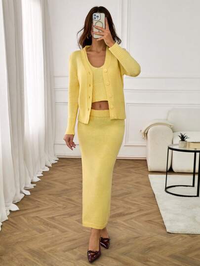 EURMUSE Casual Butter Yellow Brushed Yarn V Neck Cardigan Solid Color Midi Skirt & Knitted Top With Straps 3 Piece Knit Set,Petite,Winter Clothes
