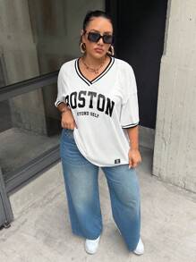 SHEIN EZwear Plus Letter Graphic Striped Trim Drop Shoulder Mesh Tee, Summer - White - View 5