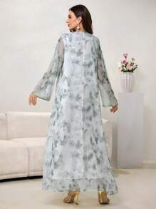 Al Najma Women's V-Neck Tie-Dye Floral Print Chiffon Elegant Maxi Dress, Turkish & Arabian Style, Modest Kaftan - Multicolor - View 2