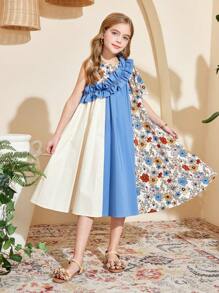 SHEIN Leap Crew Tween Girl 碎花撞色拼接不对称荷叶边下摆 A 字短袖连衣裙 - 粉色 - 查看 6