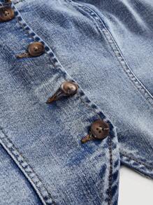 SHEIN MOD 女士单排扣休闲挂脖牛仔衬衫 - 中等水洗藍 - 查看 3