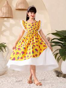 1pc Tween Girls Rose Print Stitching Cap Sleeve Beach Dress, New Arrival Spring/Summer