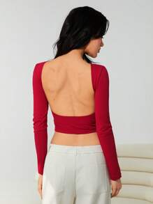 Muchica Red Knitted Backless Women Fitted Long Sleeve T-Shirt Top - Burgundy - View 3