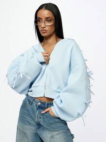 SUMWON WOMEN Moletom Cropped Premium de Verão da Society com Detalhe de Manga com Laço Decorativo, Moda Streetwear Casual, Moletom Esportivo Para Lazer, Vestuário de Outono e Primavera - Azul - Visão 6