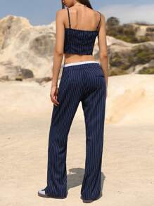 Aveloria GENKIRA Striped Patchwork Punk Romantic Chic Millenial Style Versatile Women Camisole Top With Low Waist Pants 2 Pieces Set - Navy Blue - View 4