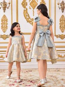 SHEIN 青少年女孩珍珠肩蝴蝶结后背蝴蝶结派对连衣裙，无袖