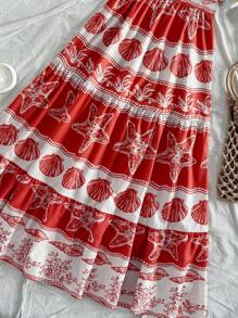 Soleia Vestido largo de línea A con estampado de elementos oceánicos en rojo y albaricoque para mujer, vestido casual de verano sin mangas con estampado de estrellas de mar, conchas y algas para la playa