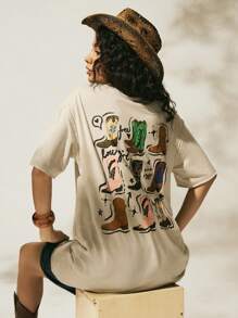 Easelle Áo thun họa tiết bốt cao bồi cổ điển màu mơ đậm phong cách miền Tây dành cho nữ mới 2025, thích hợp cho các lễ hội âm nhạc mùa hè - Màu be - Xem 1