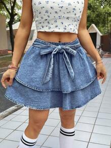SHEIN PETITE Women's Blue Body-Conscious Mini Denim Skirt