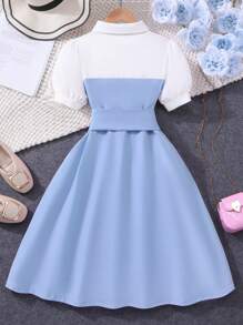 Teen Girl Solid Color Patchwork Short Sleeve Polo Collar Dress - Blue - View 2