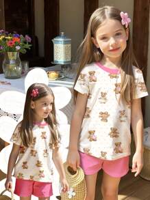 SHEIN 可爱熊印花 2 件套年轻女孩休闲简约短袖上衣和短裤夏季服装