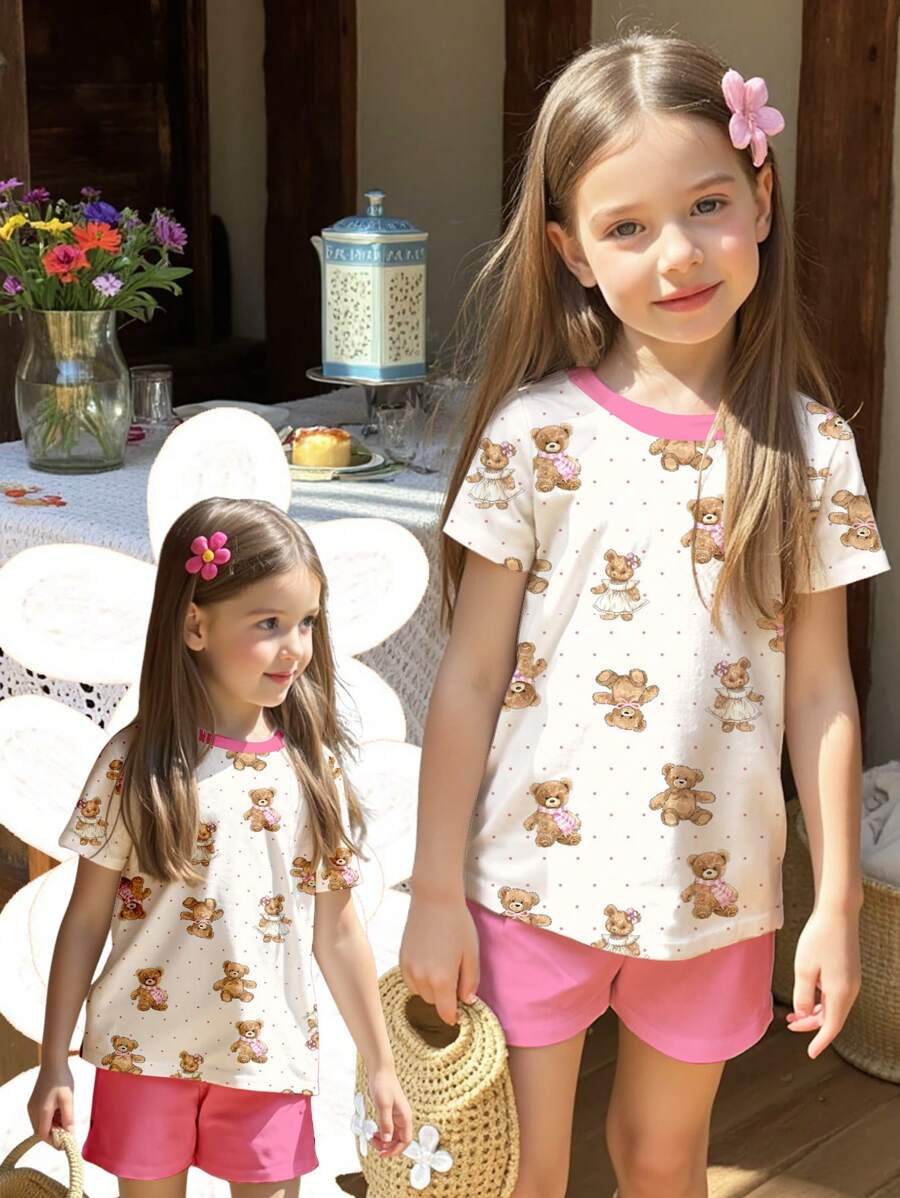 SHEIN 可爱熊印花 2 件套年轻女孩休闲简约短袖上衣和短裤夏季服装