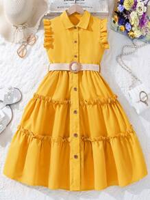 Tween Girl Ruffled Collar Midi Dress With Woven Waist Belt,Holiday,Summer,Travel - Yellow - View 4
