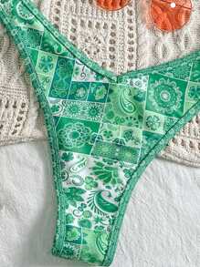 Swim Mod Spring Break Women Summer Random Printed Spaghetti Strap High-Cut Bikini 2 Pieces Suit - Green - View 4