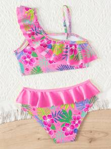 Young Girl's Tropical Print Bikini Set, Beach/Vacation - Pink - View 2