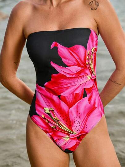 Swim Vcay Women's Elegant Floral Print Bandeau One-Piece Swimsuit For Summer Beach Vacation