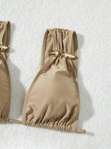 Swim Chiccia 2pcs/Set Women New Solid Color Tie Strap Women Beach Clothing Bikini Set, Spring Break Summer Outfit, Festival Boho - Khaki - View 6