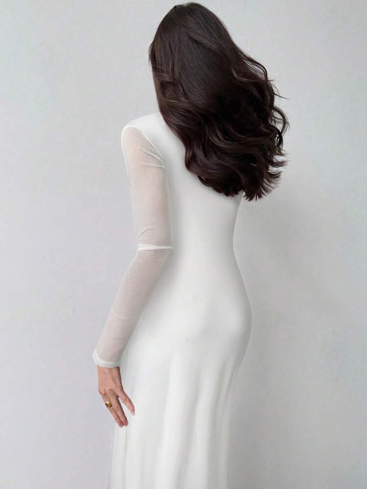 Aloruh Women Deep V Neck Pendant Ruffle Hem Mermaid Mesh Party Sexy Christmas Maxi Dress - White - View 2