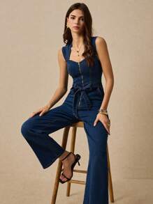 Poéselle 女式甜心领口拉链前腰系带牛仔连体裤，狂欢装扮，复活节女装，工作服女式牛仔连体裤，适合日常、街头、居家、度假等场合穿着，简约时尚，百搭，夏季必备 - 藍色 - 查看 2