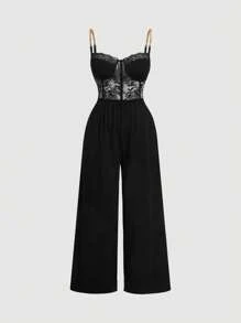 SHEIN MOD Bộ đồ liền thân ren chắp vá dây xích kim loại màu đen, cỡ lớn - màu đen - Xem 1