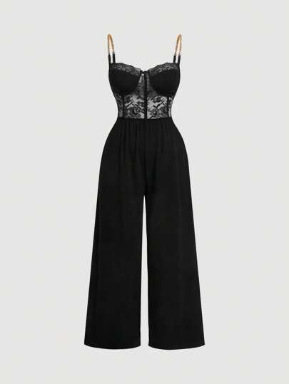 SHEIN MOD 黑色金属链带蕾丝拼布连体裤，加大码