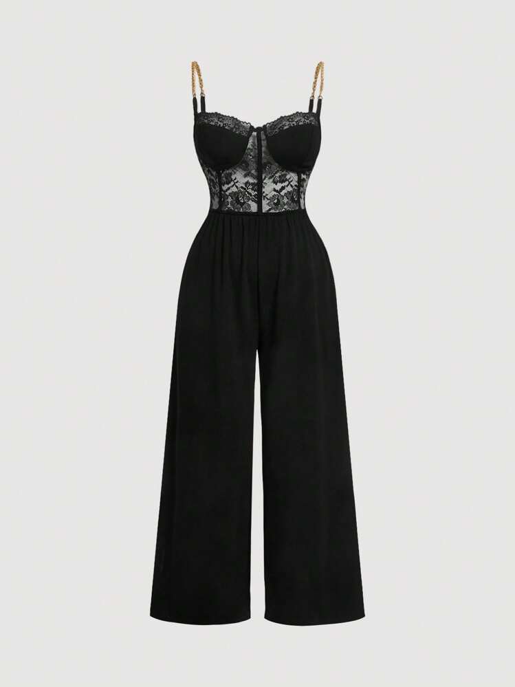 SHEIN MOD Black Metal Chain Straps Lace Patchwork Jumpsuit, Plus Size,Solid Color Lace Bustier Criss-Cross Halter Wide Leg Jumpsuit,New Year,Valentine Pants,Lace Jumpsuit,Tall Women Pants - Black - View 1
