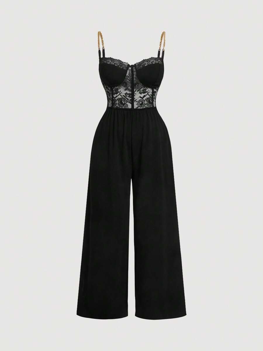 SHEIN MOD Bộ đồ liền thân ren chắp vá dây xích kim loại màu đen, cỡ lớn - màu đen - Xem 1