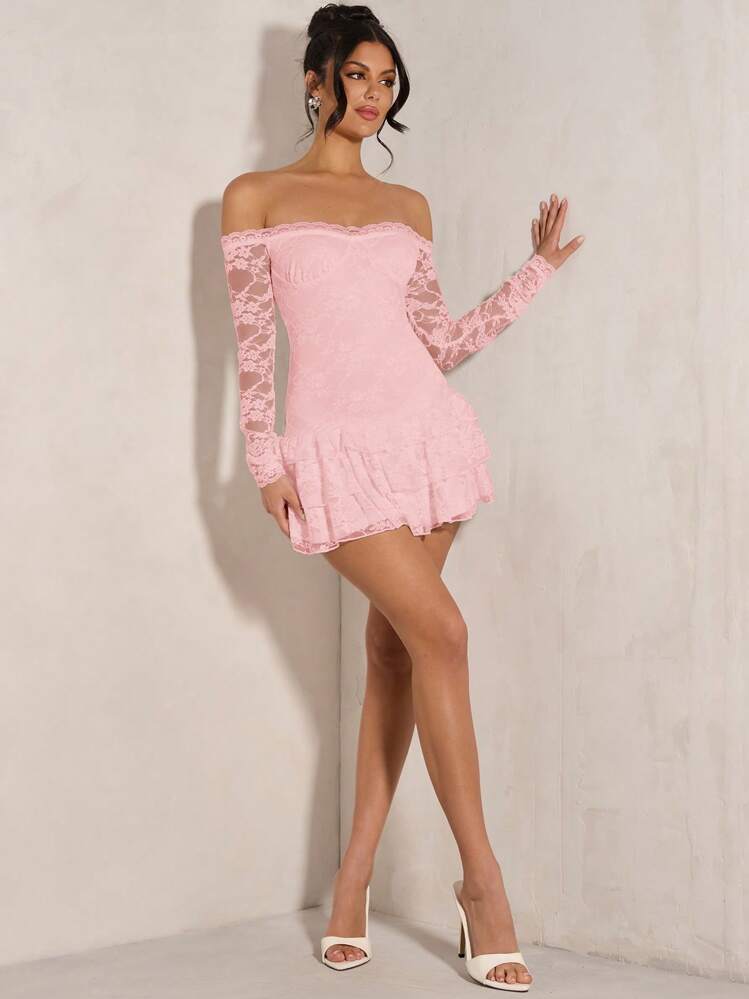SHEIN BAE Vestido mini ajustado con volantes de encaje de hombros descubiertos, primavera/verano para mujer - Rosa Pálido - Ver 3