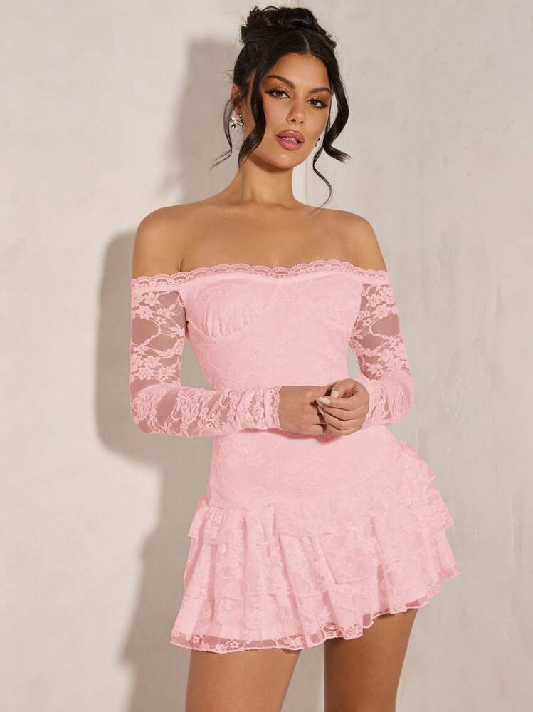 SHEIN BAE Vestido mini ajustado con volantes de encaje de hombros descubiertos, primavera/verano para mujer - Rosa Pálido - Ver 5