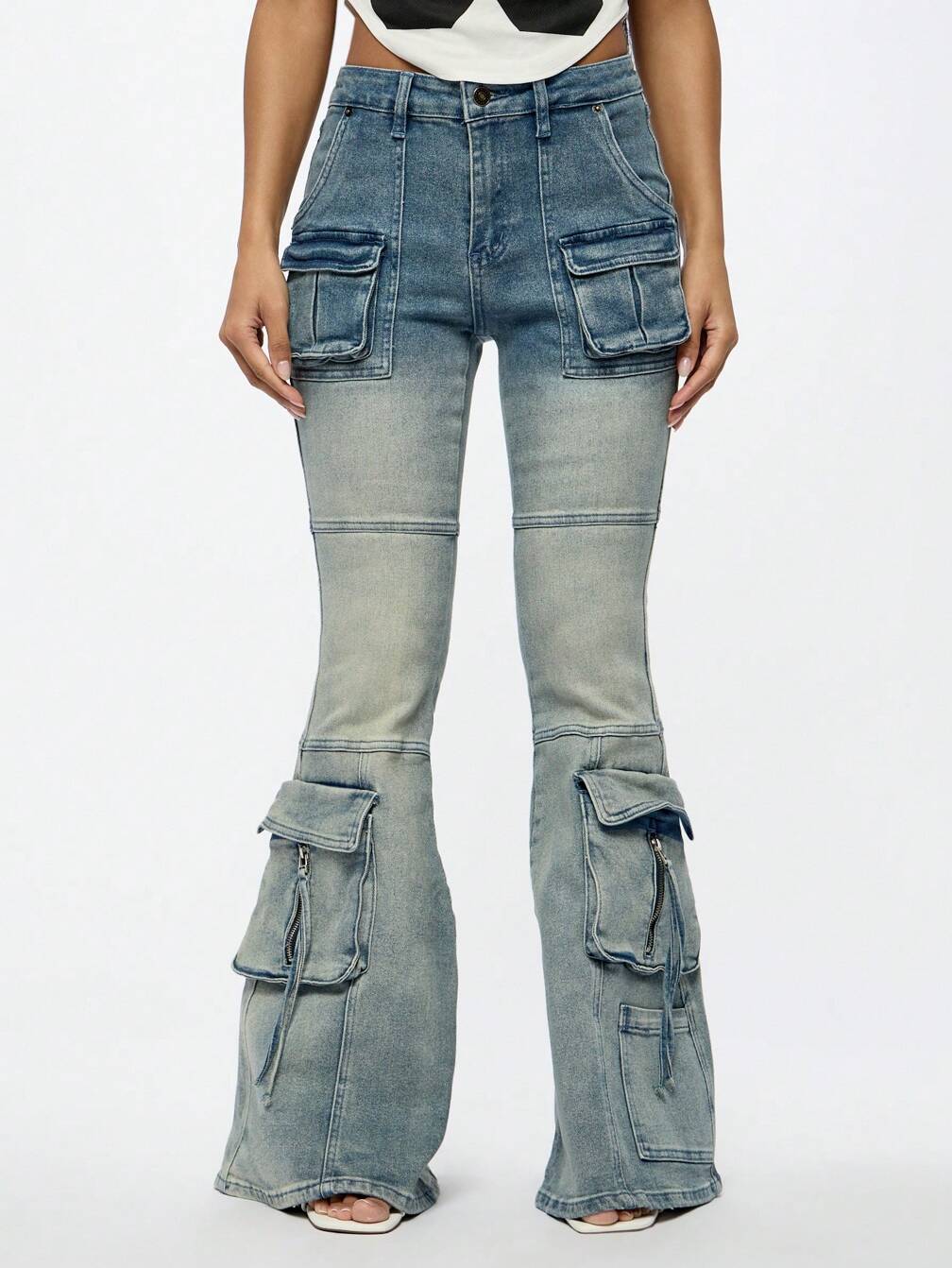 SUMWON WOMEN Y2K Bell Bottom Cargo Jeans Retro Festival Flared
