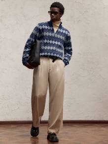 AKNOTIC Party 男士拼色针织休闲套头毛衣，立领，半拉链，落肩，长袖，适合秋冬季日常穿着，金属拉链