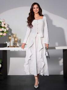 Modelyn Damen elegantes Partyset mit romantischem Blumen-Jacquard-Strick, bestehend aus Quadrat-Kragen-Top und Rock, 2-teilig