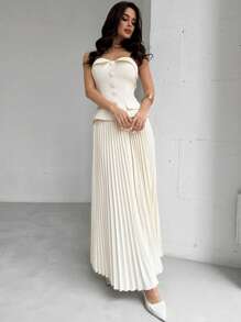 Firerie Women Elegant Commute Tube Top And Pleated Skirt 2 Pieces Set, Minimalist Commute 2 Pieces Outfit, Pleated Skirt Two Pieces Set, Apricot Color Skirt Two Pieces Suit, Teacher Set, Commuter Two Pieces Suit, Commuter, Elegant, Teacher's Day Clothing, Commuter Party, Work Two Pieces Set, Wedding Two Pieces Set, Suitable For Commuting, Daily Wear, Spring /Summer