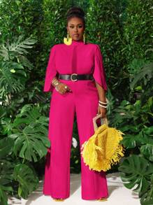 Slaydiva 大码女式性感优雅白色花朵喇叭蕾丝和网眼拼接长款连体裤，适合派对、约会、情人节 - 玫紅色 - 查看 5