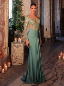 Glamrae 优雅奢华透视长袖缀以珍珠和亮片弹力褶饰美人鱼下摆婚礼宾客礼服，适合婚礼、单身派对、度假、庆典和晚礼服（重型）、礼服 - 綠色 - 查看 3