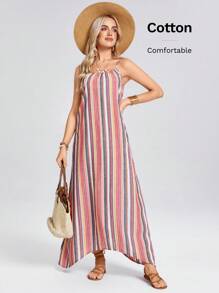 SHEIN LUNE 女款春季彩色条纹不对称下摆吊带连衣裙