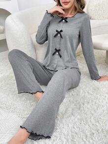 2 件女式罗纹蝴蝶结长袖上衣和裤子睡衣套装 - 深灰色 - 查看 1