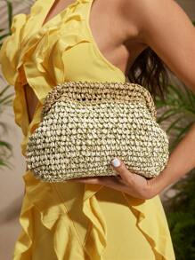 SHEIN SXY Ladies, Women Clutchs, Straw Bag, Fashionable, Elegant, Simple, Personalized, Versatile, For Beach, Vacation, Holiday, Summer, Seaside - Rose Gold - View 1