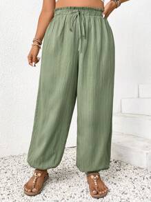 SHEIN Frenchy Plus Size Solid Color Drawstring Waist Loose Tapered Pants - Green - View 6