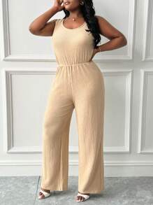 Slaydiva 女式大码休闲基本款纯色无袖 U 领系腰超长连体裤，针织面料，春夏