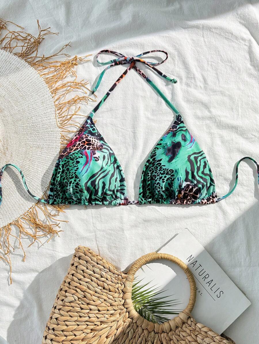 SHEIN Swim Curve Plus Size Women 1pc Random Print Halter Neck Triangle Cup Casual Holiday Swimwear Top For Summer Beach Vacation - Multicolor - View 1