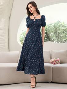 Modelyn 女士方领碎花开衩节日夏季短袖连衣裙长款晚礼服 - 藏蓝色 - 查看 5