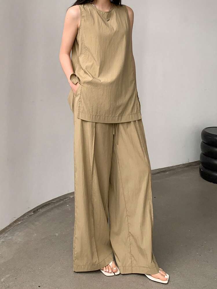 2pcs/Set Women's Business Casual Simple Plain Color Linen Patchwork Design Suit Old Money Style