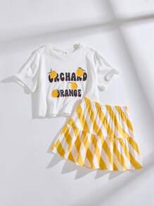 SHEIN Conjunto de 2 Peças, Camiseta com Estampa de Limão e Saia Evasê Listrada para Meninas Jovens, Verão - Multicolorido - Visão 8