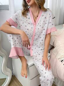 2pcs Contrast Ruffle Trim Cute Ditsy Floral Pajama Set - Pink - View 6