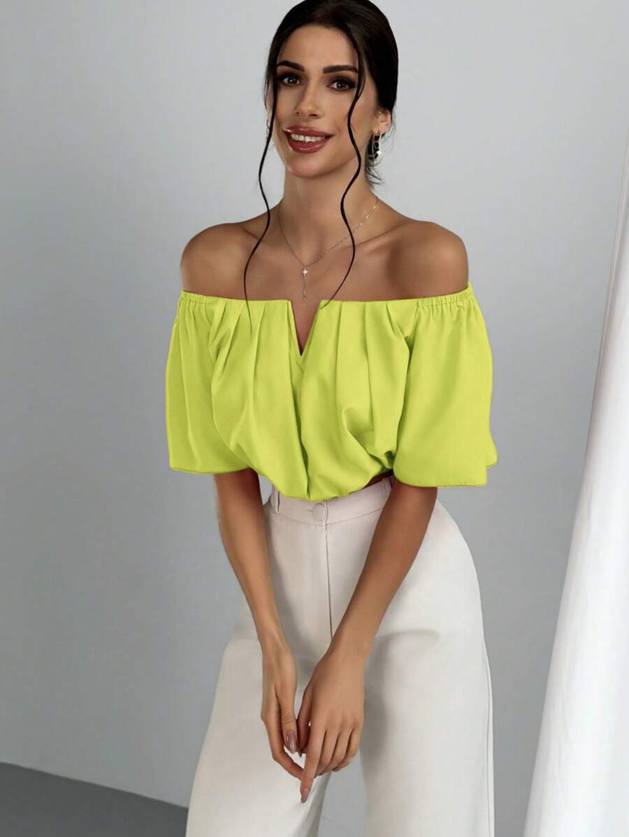 Aloruh Elegantes V-Ausschnitt Pendlerhemd mit freier Schulter, tailliert, kurz - Gelb - Übersicht 1