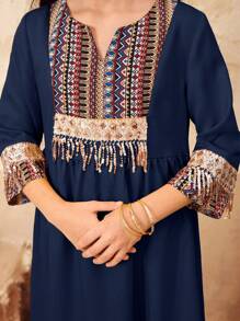 SHEIN Tween Girls' Vacation Pieced Floral Retro Pattern Trimming 3/4 Sleeve Dress, Arabian Dress - Navy Blue - View 3