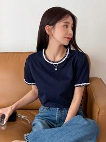 DAZY Camiseta De Cuello Redondo Con Ribete De Contraste - Azul Marino - Ver 3